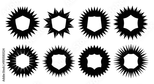 abstract spiky shield badges and starburst graphic design elements a vector collection for logos security icons and game assets.