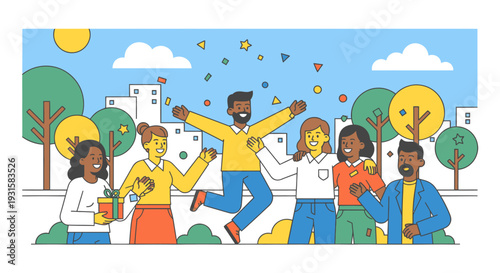 Diverse group of friends celebrating outdoors.