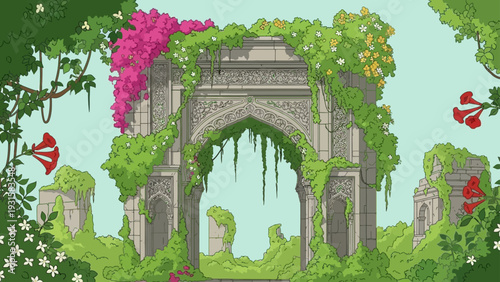 ancient archway ruin overgrown with lush green vines and vibrant flowers creating a tranquil mysterious forgotten landscape.