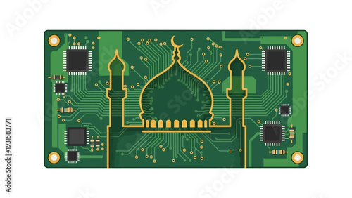 islamic mosque architecture designed on a green circuit board illustrating the fusion of faith and modern technology.