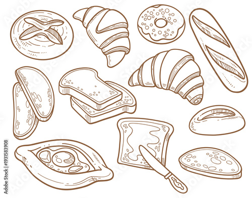 Set of illustrations on the theme of bread and pastries - croissants, khachapuri, baguette, bread and butter
