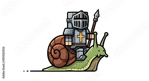 Cartoon Knight Riding a Snail with Spear and Shield on White Background.