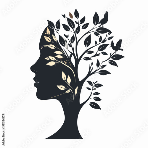 Elegant botanical silhouette vector, side profile of a woman's face blended into a tree with leaves and birds. Continuous line art style mixed with solid silhouette shapes, monoline design, nature con
