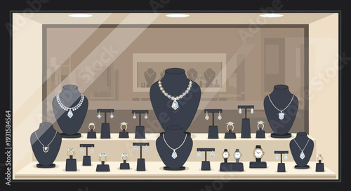 Elegant Jewelry Display Showcase Featuring Necklaces and Watches.