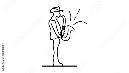 A drawing of a saxophonist, done using line art technique, black isolated silhouette