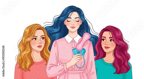 Diverse Women Promoting Menstrual Health & Feminine Hygiene with Sanitary Pad and Menstrual Cup. Period Care Support Illustration.