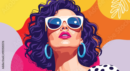 Vibrant Pop Art Portrait of a Stylish Woman in Sunglasses and Blue Earrings