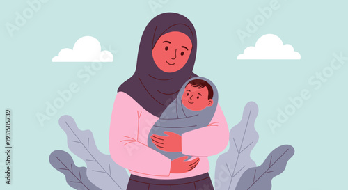 Caring Muslim Mother in Hijab Embracing Happy Baby, Gentle Parenthood Illustration