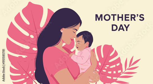 Mother's Day Illustration: Loving Mom Cradling Newborn Baby with Pink Tropical Leaves. Vector Art Celebrating Maternal Love, Care, and Family Bond.