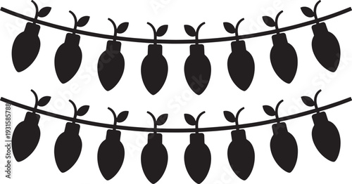 Black and white silhouette of two strings of Christmas lights with leaves string lights