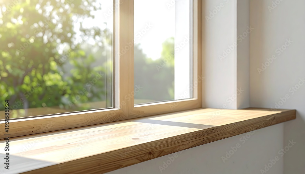 Fototapeta premium Sunlit wooden window ledge with soft greenery outside forming peaceful minimalist interior lifestyle background