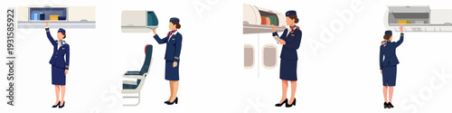 Flight Attendant Duties in Airplane Cabin - A Collection of Vector Illustrations Showing Professional Airline Crew at Work