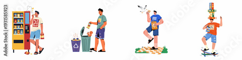 Diverse scenes of young men enjoying snacks: from vending machine treats to feeding seagulls and balancing junk food.