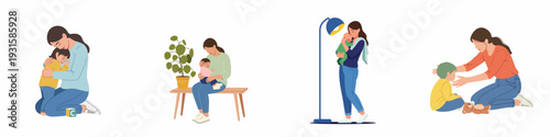 Illustrations depicting various scenes of mothers comforting, caring for, and nurturing their young children, showcasing the loving bond and support in family life.