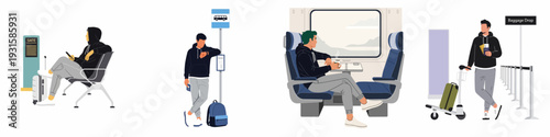 Illustrations of people traveling by various public transport modes, including airport, bus, and train, depicting waiting and journey moments.