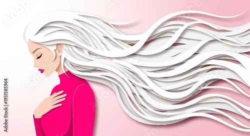 Elegant Paper Cut Woman with Long Flowing White Hair on Pink Background, Illustrating Beauty and Serenity