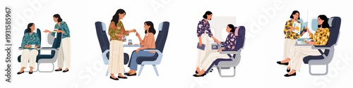 In-Flight Service Collection: Flight Attendants Providing Drinks, Snacks, Assistance, and Entertainment to Passengers for a Comfortable Air Travel Experience.