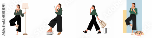 Modern Woman Daily Life Vector Illustrations: Elegant Lady Posing, Applying Makeup, Walking, and Relaxing with Stylish Outfits and Accessories.