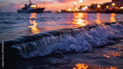 Warship near coast at sunset with city lights and waves