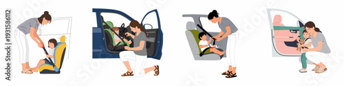 Mother securing young children in various car seats, emphasizing road safety for infants and toddlers in different car safety systems.
