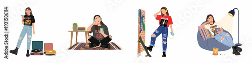 Diverse illustrations of young women embracing modern youth culture, digital leisure, and casual fashion, featuring music, smartphones, and urban street style.