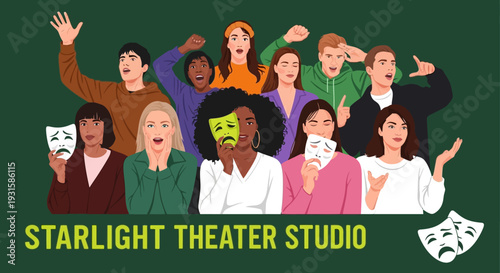 Diverse Group of Expressive Actors with Theatrical Masks for Performing Arts