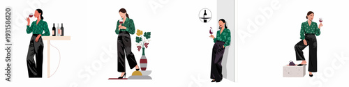 Elegant Woman Enjoying Wine: A Collection of Stylish Illustrations for Wine Tasting and Social Occasions