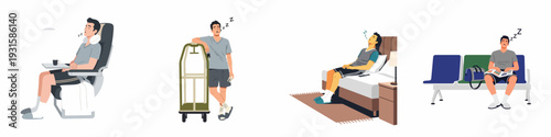 Man resting and napping in various travel scenarios: on a plane, in a hotel, at the airport, and while waiting.
