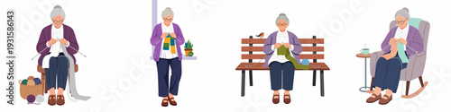 Elderly woman knitting in various cozy settings, enjoying her hobby, from indoor comfort to serene outdoor park moments.