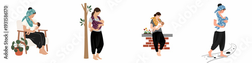 Motherhood and Breastfeeding: Diverse Illustrations of Moms Nurturing Babies through Infant Feeding, Babywearing, and Daily Care Moments.