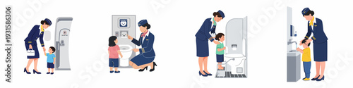 A compassionate flight attendant guides young children through proper hygiene and restroom etiquette during a flight, ensuring a comfortable and safe travel experience.