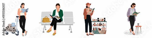 Airport lifestyle concept: women enjoying duty-free shopping, reading magazines, and relaxing while traveling, highlighting global retail and leisure.