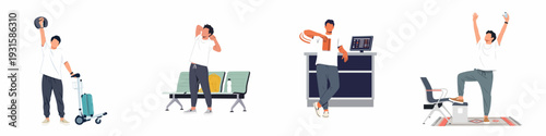 Young man's travel journey: waiting, checking in, and relaxing, depicting various aspects of modern leisure and business trips.