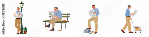 Illustrations of senior men reading newspapers, enjoying leisure time, and transporting books in different outdoor and intellectual scenarios.