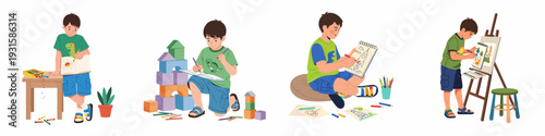 A young boy engages in diverse creative activities: drawing, building, and painting, fostering imagination and learning in childhood.