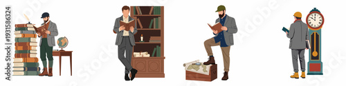 Vintage men immersed in books and knowledge, exploring history and adventure; a collection of scholarly pursuits and timeless intellectual journeys.