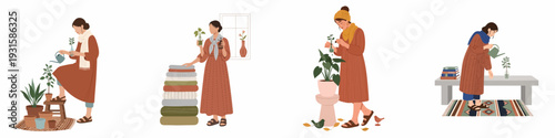 Women engaged in cozy domestic activities: caring for houseplants, organizing home, and enjoying quiet moments indoors in a warm, illustrative style.