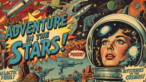 Vintage 1950s Pulp Sci-Fi Comic Book Cover Art with Woman Astronaut and Rockets
