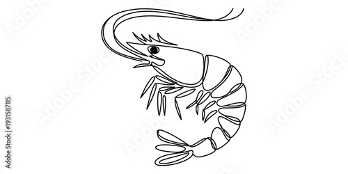 A simple black and white line drawing of a shrimp with long antennae and a curved body.