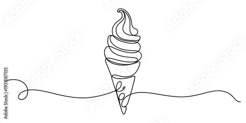 Minimalist single line drawing of a delicious soft serve ice cream cone on a white background Vector, illustration