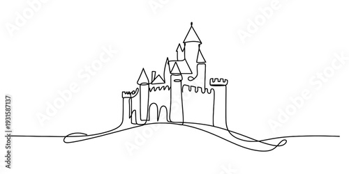 Continuous line drawing of a majestic medieval castle on a hill with multiple towers and turrets.