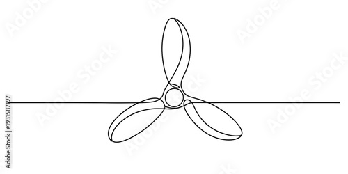 Continuous line drawing of a three blade propeller engine part icon in minimalist style. Vector, illustration