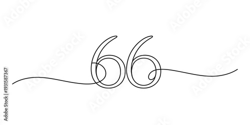 Continuous line drawing of the number sixty six with wavy horizontal lines on a white background. Vector, illustration