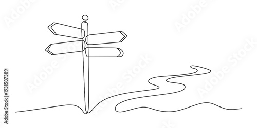 Single line drawing of a signpost with many arrows and a winding path on a white background. Vector, illustration