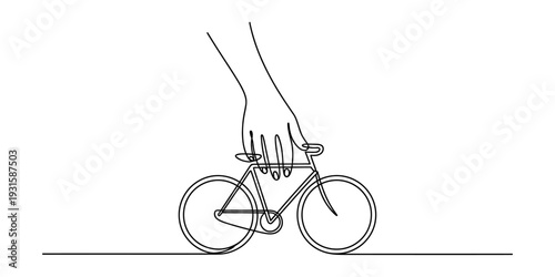 Minimalist line art drawing of a large hand holding a small bicycle on a horizontal line. Vector, illustration