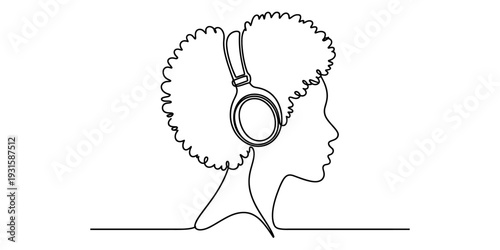Continuous line drawing of a woman with an afro hairstyle wearing large over-ear headphones Vector, illustration