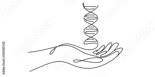 Continuous line drawing of a hand supporting a dna double helix molecule structure Vector, illustration