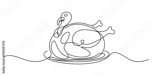 Single line drawing of a roasted turkey on a platter for thanksgiving celebration dinner Vector, illustration