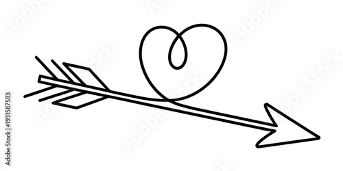 Simple black and white line drawing of an arrow with a heart symbol in the middle Vector, illustration