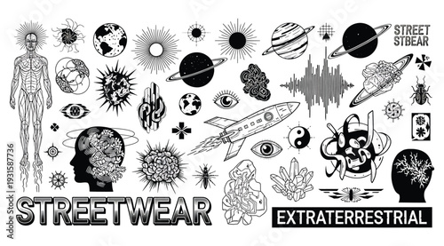 Black and white illustration of various extraterrestrial and streetwear elements on a white background